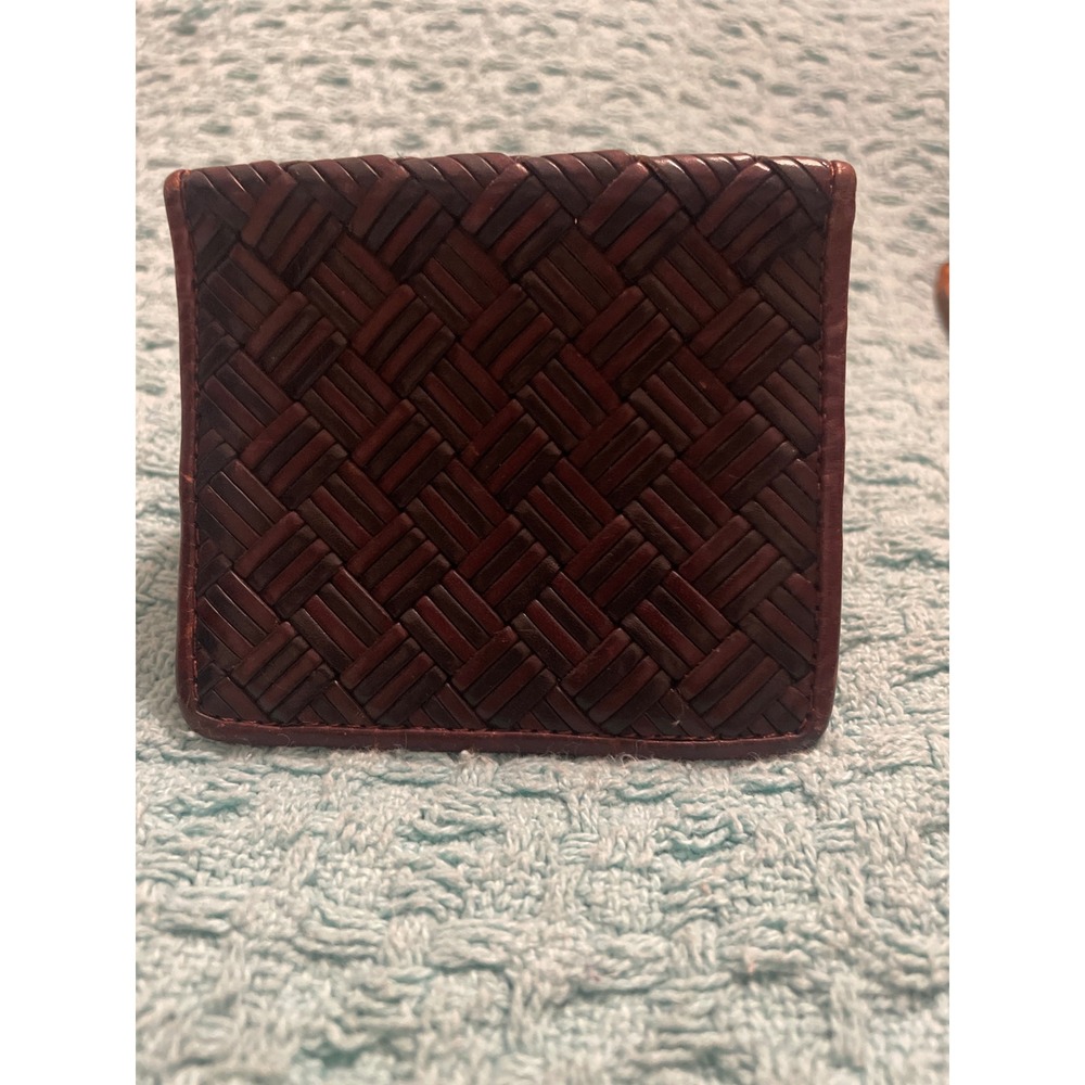Brighton Mens Bifold Wallet Brown Woven Leather Basket Weave ID Window